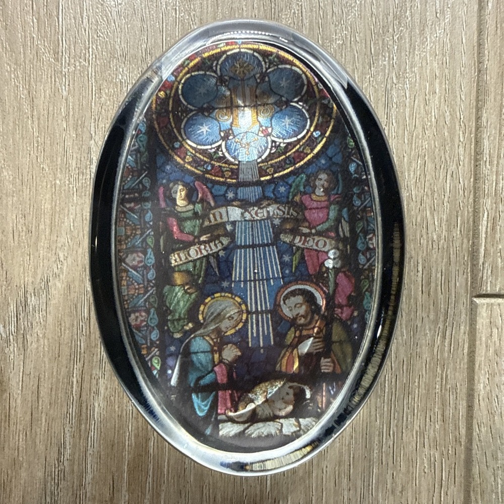 VTG Via Vermont Foil Art Stained Glass Holy Family Nativity Paperweight 3 7/8"